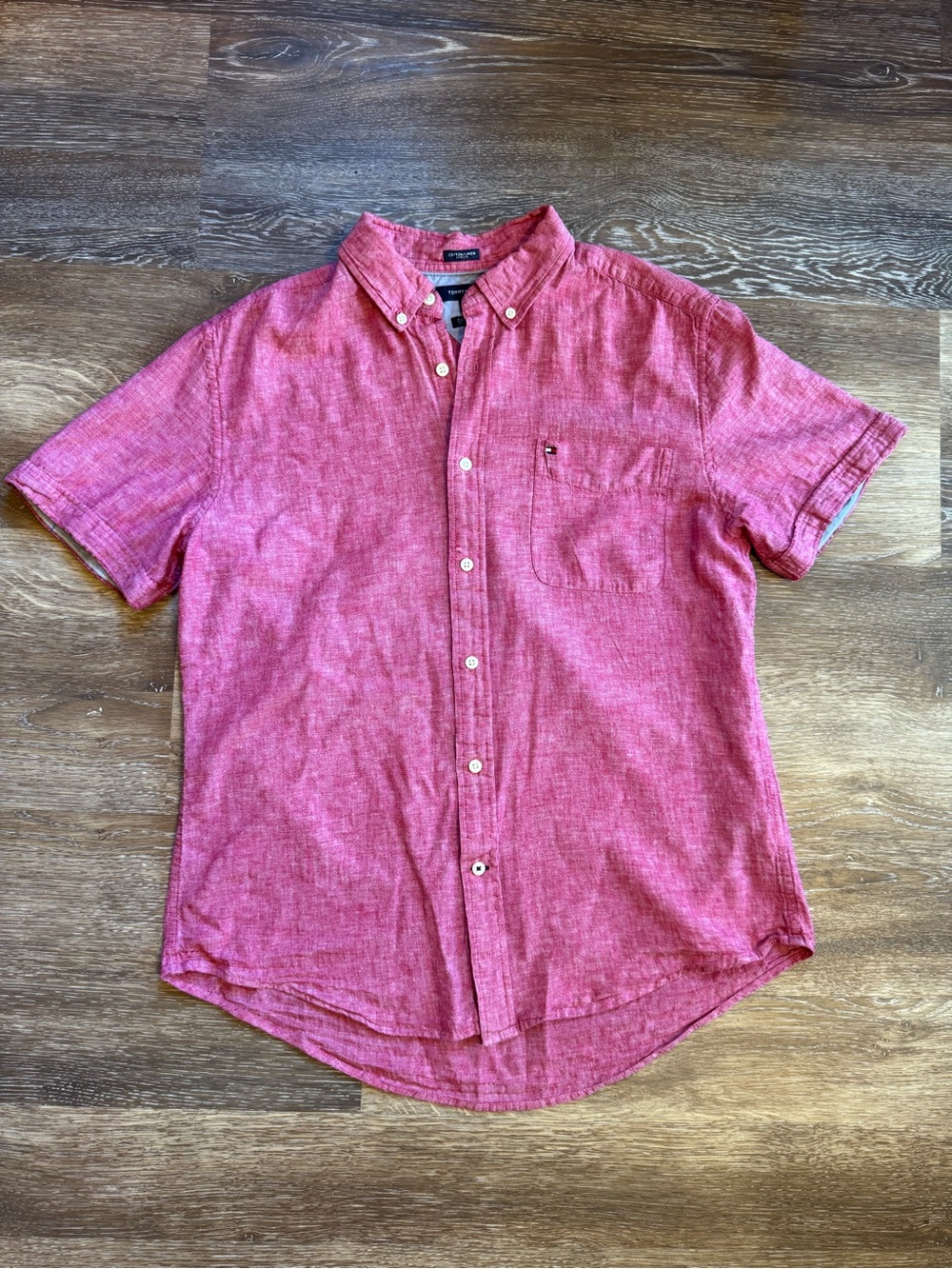 Tommy Hilfiger Red Short-Sleeve Cotton Linen Button-Down Shirt